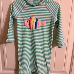 Baby Boden Aqua Striped Rashguard with Rainbow Fish